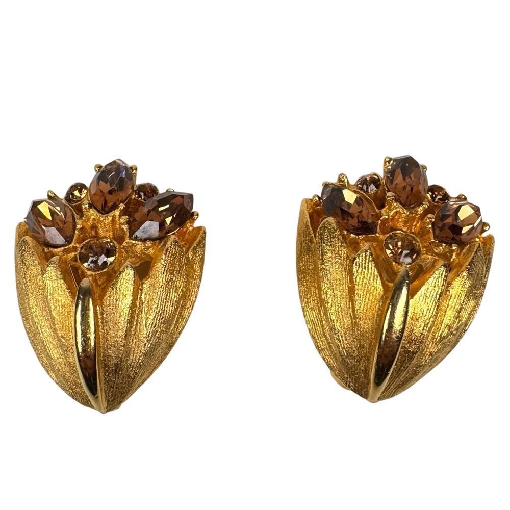 VTG BSK Clip On Earrings Chocolate Brown Rhinestones Gold Tone Tulip Glam Formal